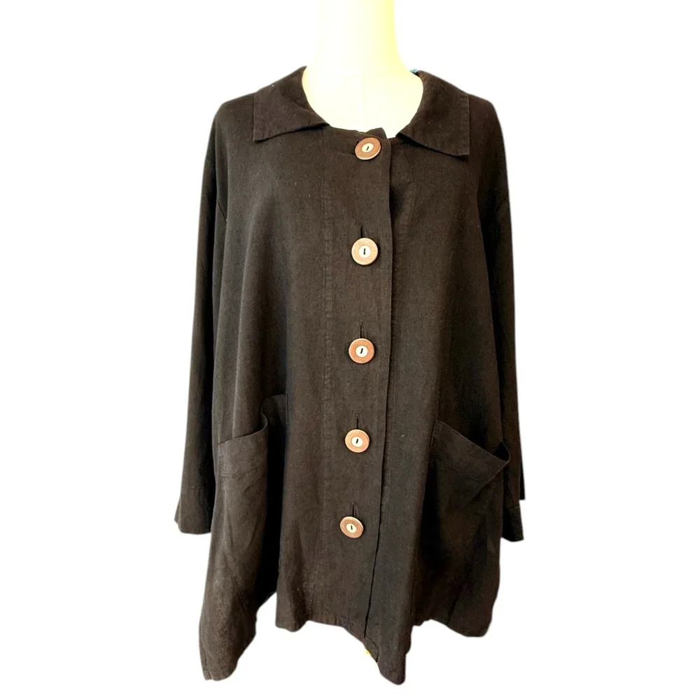 Habitat Womens Jacket Black Hemp Organic Cotton Button‎ Down  Lagenlook  XL